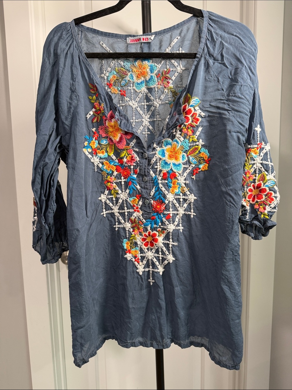 Johnny Was - Blue Embroidered Floral Boho Pullover Long Sleeve Blouse Size Sm